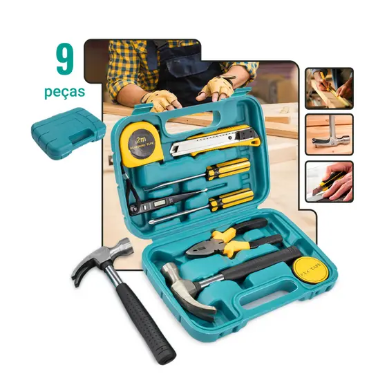 Kit Maleta Estojo Ferramentas 9 Peças Martelo Alicate Chave de Fenda Trena Portátil