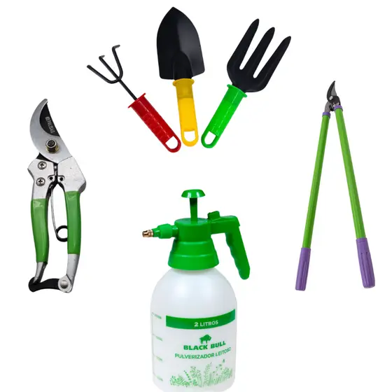 Kit Jardinagem completo Pulverizador + Pá + Rastelo + Tridente + Tesoura 18cm + Tesoura Galho 70cm