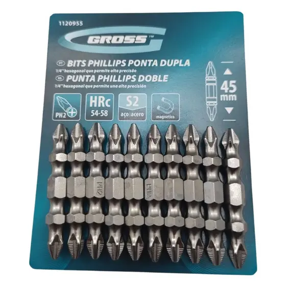 Bits Ponta Dupla Ph2 45mm Philips Magnético Antiderrapante aço cromo Gross 10 peças