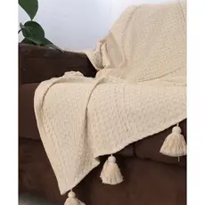 Manta para Sofá Xale Pompom Decorativa Luxo Crua 100% Algodão