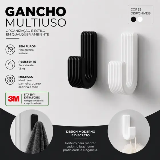 Gancho de parede adesivo 3M Extra Forte Até 1,5kg Sem Furo, Multiuso