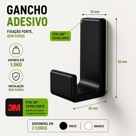 Gancho de parede adesivo 3M Extra Forte Até 1,5kg Sem Furo, Multiuso