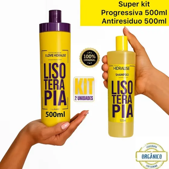 Kit 2 PRODUTOS Progressiva 500ML Lisoterapia Sem Formol Orgânica + Shampoo Anti-Resíduos 500ml