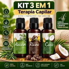 Terapia Capilar 3 ÓLEOS -  Óleo de Coco + Ricino + Alecrim 60ml Tratamento Capilar