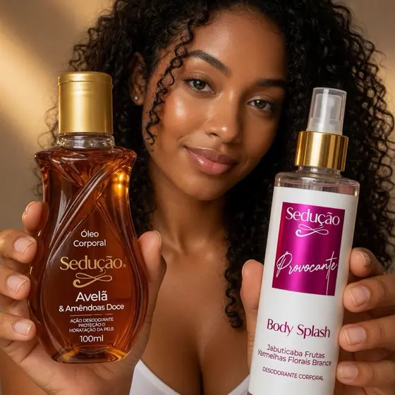 Kit Sedução Body Splash Provocante 200ml + Óleo Corporal Avelã 100ml Hidratação Perfume Intenso