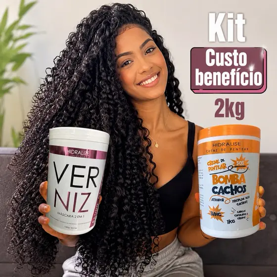 KIT 2Un/ Máscara Verniz De Hidratação + Bomba Cachos 2 em 1 Creme Pentear Nutrição Cachos Definição