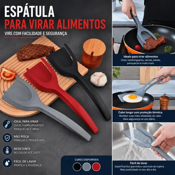 Espátula De Cozinha 2 Em 1 Para Virar Alimentos Antiaderente Ovos Hambúrguer Frango