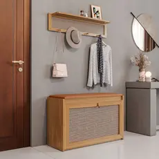 Kit Sapateira e Cabideiro Plenitude Plus Com Prateleira e Porta Basculante Com Detalhe em Rattan
