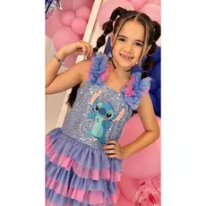 Vestido infantil Fantasia Luxo Lilo e Stitch roupa stitch paetê rosa lilás festa