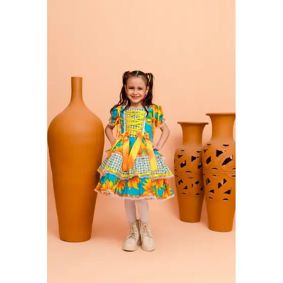 Vestido luxo infantil festa junina roupa São João vestido junino girassol amarelo azul