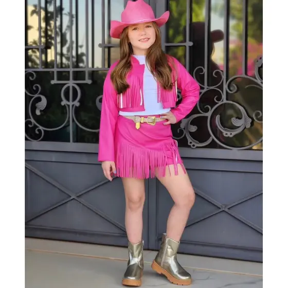 Conjunto infantil Boiadeira Ana Castela roupa country rodeio rosa pink fantasia couro ecológico menina festa peão