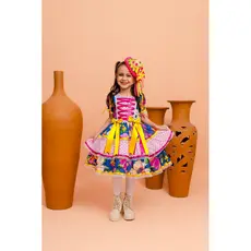 Vestido luxo infantil festa junina roupa São João vestido junino floral azul xadrez rosa