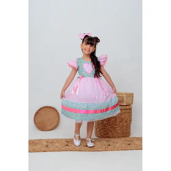 Vestido luxo infantil festa junina vestido junino floral xadrez rosa + laço de cabelo