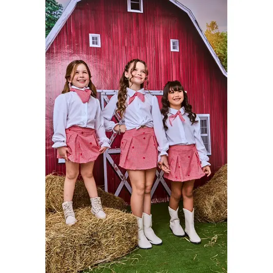 Conjunto infantil juvenil festa junina xadrez vermelho roupa country rodeio menina + lenço