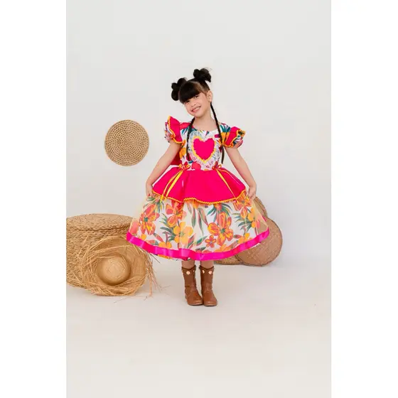 Vestido luxo infantil festa junina vestido junino São João floral rosa pink c laço de cabelo