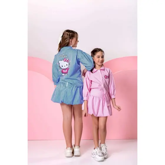 Conjunto infantil Hello Kitty blusa com estampa costas + shorts saia balonê roupa festa menina