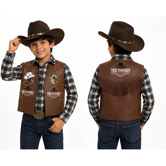 Colete infantil menino Country cowboy festa rodeio fantasia country preto ou marrom
