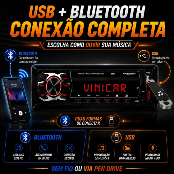 Som Automotivo universal para todos os veiculos First Option 6688 25w Usb Mp3 Bluetooth