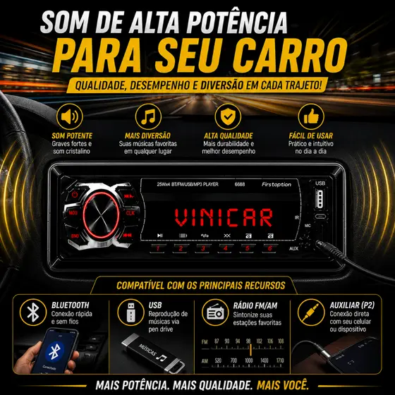 Toca Som Rádio Mp3 Player Bluetooth Universal 1 Din Rádio Fm