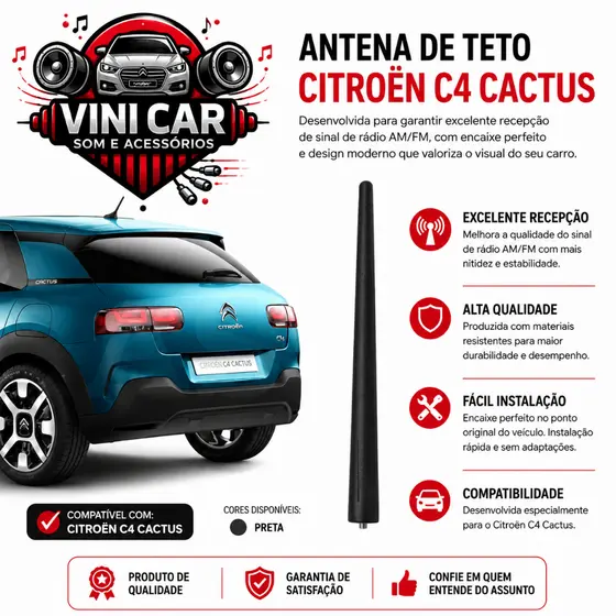 Haste Antena Teto Citroen C4 Cactus Borracha 20cm