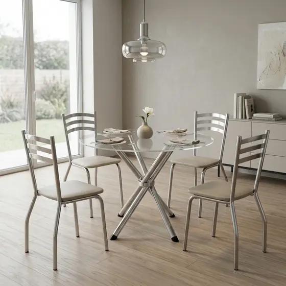 Conjunto Sala de Jantar Kappesberg 4 Cadeiras de Metal com Estofado, Mesa Redonda e Tampo de Vidro