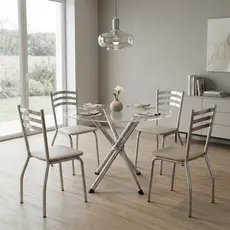 Conjunto Sala de Jantar Kappesberg 4 Cadeiras de Metal com Estofado, Mesa Redonda e Tampo de Vidro