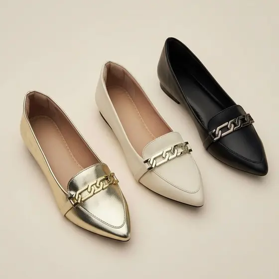 Sapatilha Feminina Confortável Luxo Elegante Sapato Feminino Mocassim Bico Fino Corrente