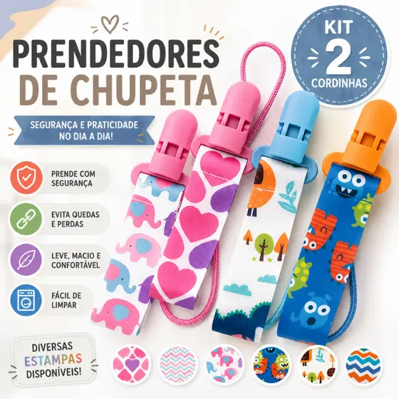 Prendedor de Chupeta Universal Kit C/2 Cordinha de Chupeta Resistente Colorido Menino Menina
