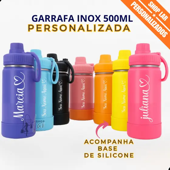 Garrafa Térmica Inox 500ml / 600ml + Base Silicone Personalizada a Laser Logo Nome