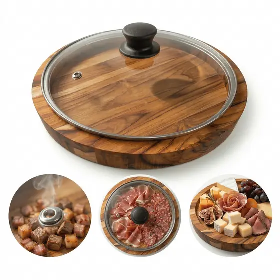 Gamela Redonda de 30cm com Tampa de Vidro Madeira Teca Nobre Churrasco Tabua Tábua Carne Petisco Frios Cozinha