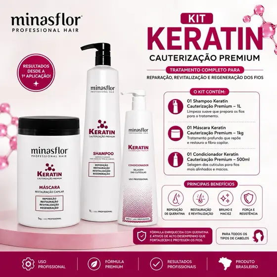 Kit  Keratin Cauterização Premium Shampoo 1L Máscara 1kg Condicionador 500ml