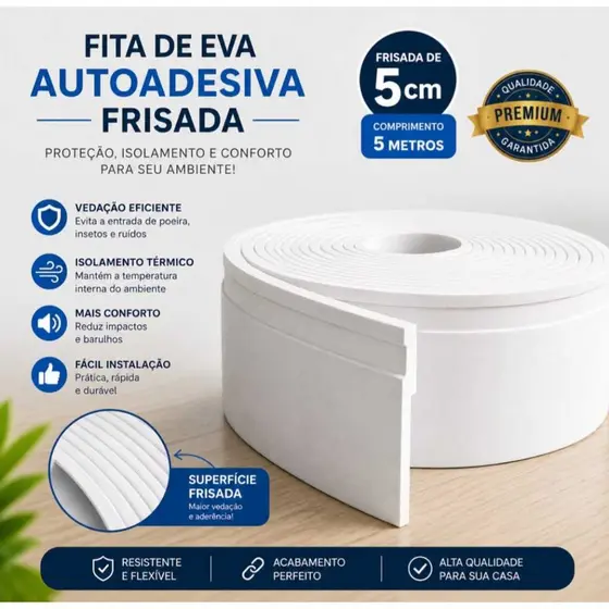 Rodapé Flexível 5cm Frisado Branco Autocolante EVA Premium Impermeável - 5 metros