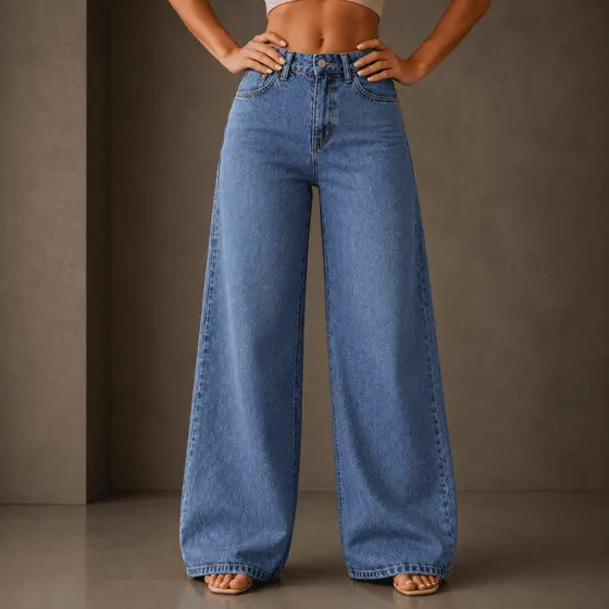 Calça Wide Leg Jeans Feminina Pantalona Cintura Alta