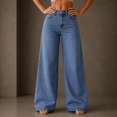 Calça Wide Leg Jeans Feminina Pantalona Cintura Alta
