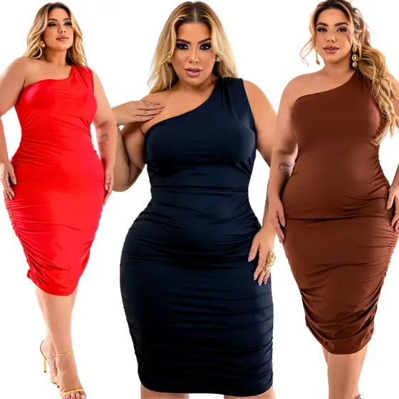 Vestido Feminino Moda Maior Mula Manca Mide Justo Com Drapeado  Tubinho Modelador Moda curve