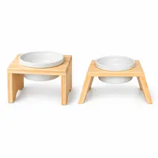 Comedouro Pet Elevado Suporte Madeira Pinus Tigela Porcelana 210ml Cachorro Gato