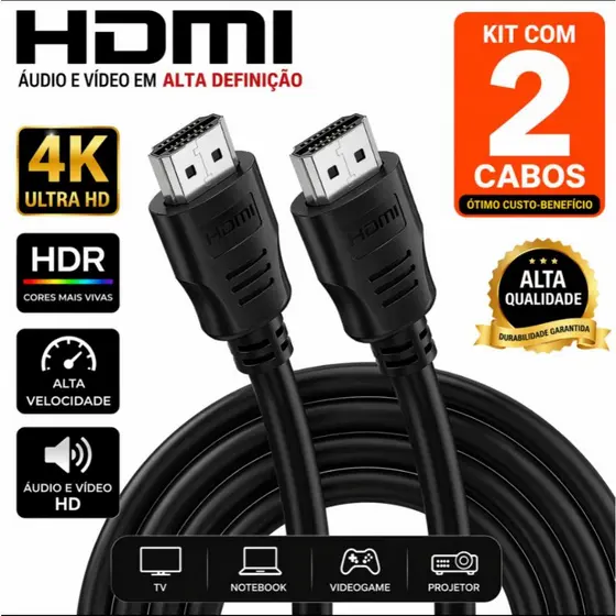 Kit 2 Cabo HDMI Alta Definição 4K Full HD TV Monitor Projetor Video Game e Consoles