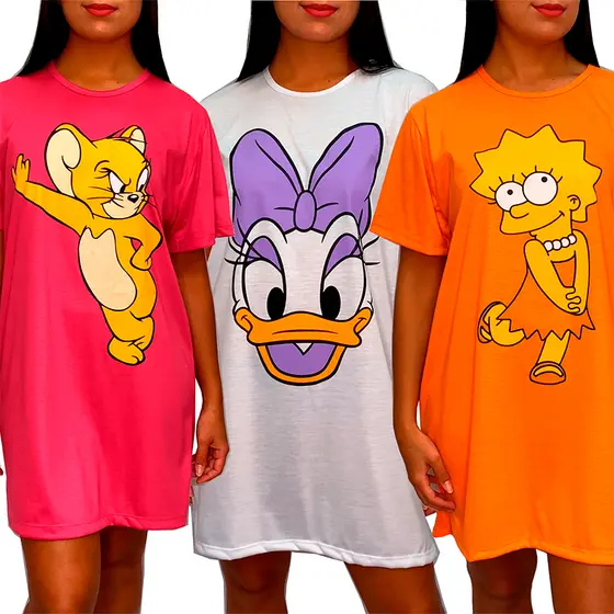 Camisola Camisão de Personagem Feminino Desenhos Divertidos Manga Curta Adulto em Malha