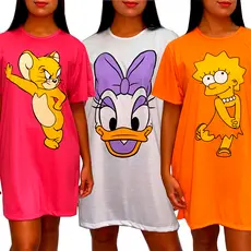 Camisola Camisão de Personagem Feminino Desenhos Divertidos Manga Curta Adulto em Malha