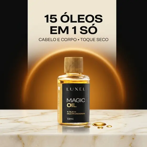 Óleo Capilar Multifuncional Luxel Magic Oil 15 Óleos Naturais Cabelo e Corpo Antifrizz Toque Seco Nutrição Brilho 10ml