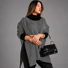 Poncho Feminino Tricô Xadrez Gola Alta Manga Longa Inverno Casaco Blusão Elegante