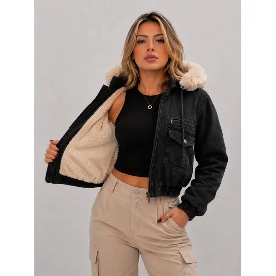 Bobojaco Jeans Cropped Capuz Acolchoada Puffer Forrado Peluciada Inverno