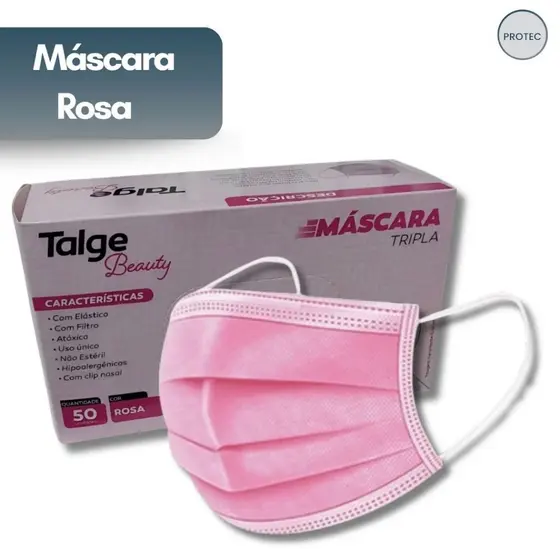 Kit Mascara Descartavel Rosa Tripla Camada Talge Clipe Nasal Proteçao BFE 95% Estetica Cilios Caixa 50 Ate 250 Unidades