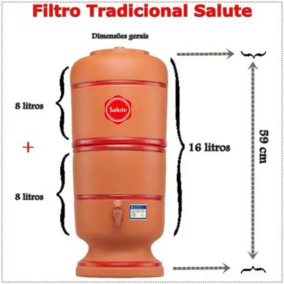 Filtro de Barro 16 Litros(8 litros na parte superior + 8 litros na parte inferior)com torneira, tampa, 2 velas e 2 boias