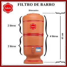 Filtro de Barro 4 Litros (2 litros na parte superior + 2 litros na parte inferior) com torneira, tampa, vela e boia