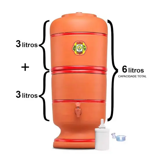 Filtro de Barro 6 Litros (3 litros na parte superior + 3 litros na parte inferior) com torneira, tampa, vela e boia