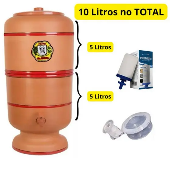 Filtro de Barro 10 Litros (5 litros na parte superior + 5 litros na parte inferior) com torneira, tampa, vela e boia