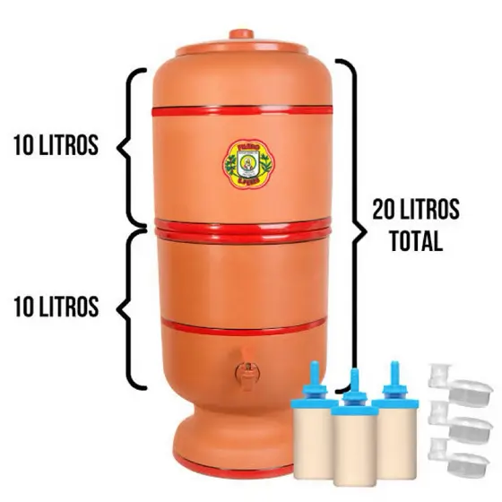 Filtro de Barro 20 Litros(10 litros na parte superior + 10 litros na parte inferior)com torneira, tampa, 3velas e 3boias