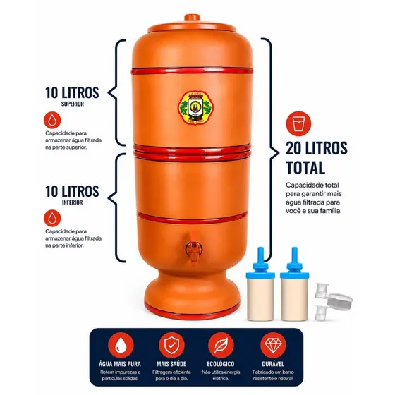 Filtro de Barro 20 Litros (10litros na parte superior + 10litros na parte inferior) com torneira, tampa, 2velas e 2boias