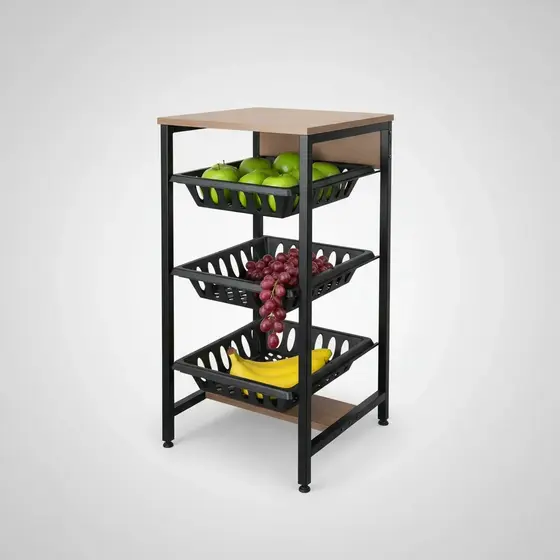 Fruteira Multiuso De Chão Cozinha Preto Brilho Pés Regulavéis 3 Cestos Suporte Bebedouro MultiUso